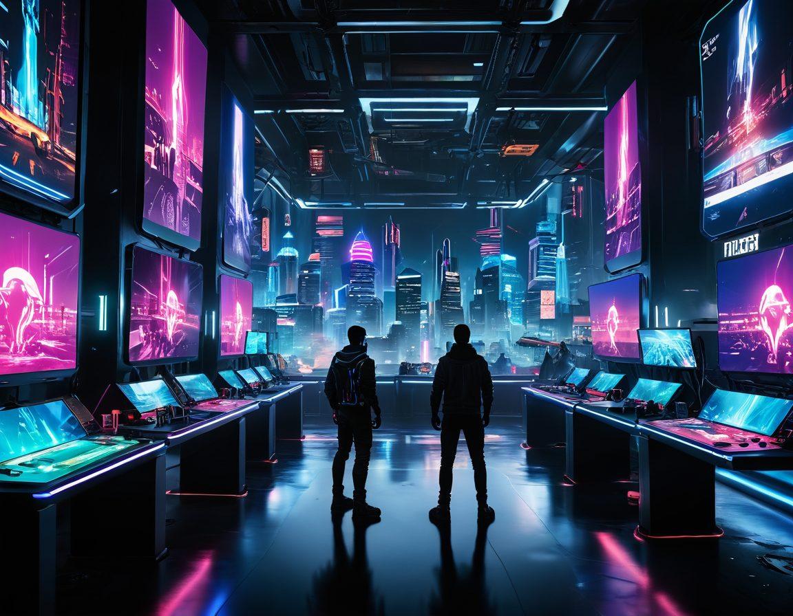 A vibrant futuristic cityscape showcasing advanced 3D gaming technology with neon lights, gaming avatars, and immersive elements like holograms and dynamic landscapes. A diverse group of gamers engaged in intense gameplay, with large screens displaying stunning graphics and strategies. Incorporate a contrasting blend of digital and real-world elements to reflect the evolution of gaming. super-realistic. vibrant colors. cyberpunk.