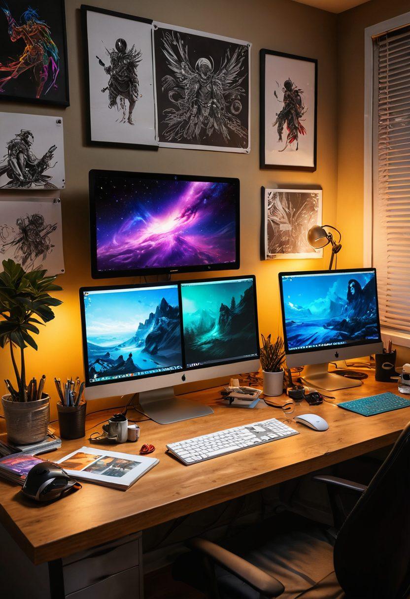 An inspiring digital artist’s workspace featuring a vibrant computer setup with 3 monitors displaying game art tutorials, surrounded by sketches, color palettes, and inspirational game posters. A cozy atmosphere with soft ambient light illuminating the creative chaos, and a coffee mug steaming on the desk. super-realistic. vibrant colors. cozy ambiance.