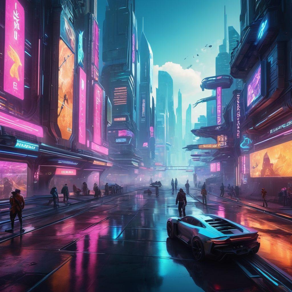 A futuristic cityscape teeming with vibrant 3D graphics, featuring characters engaged in dynamic gaming mechanics like parkour and combat. Showcase advanced technology like holograms displaying game elements and pixelated monsters in action, emphasizing innovation and creativity. The scene should have a bright color palette and a sense of motion, capturing the excitement of the gaming world. super-realistic. vibrant colors. cyberpunk.